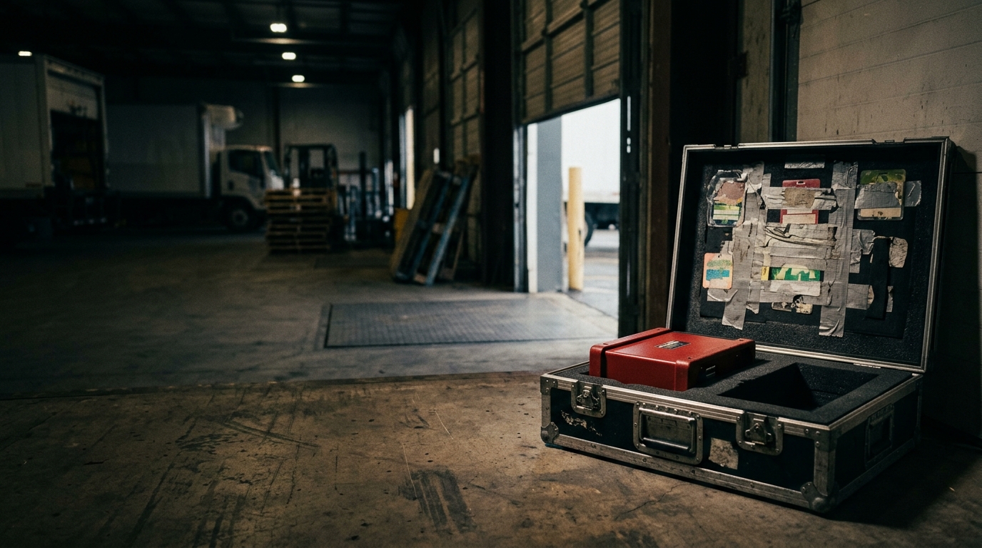A worn touring road case opened in a dawn-lit loading dock, a red Radial direct box resting in the foam