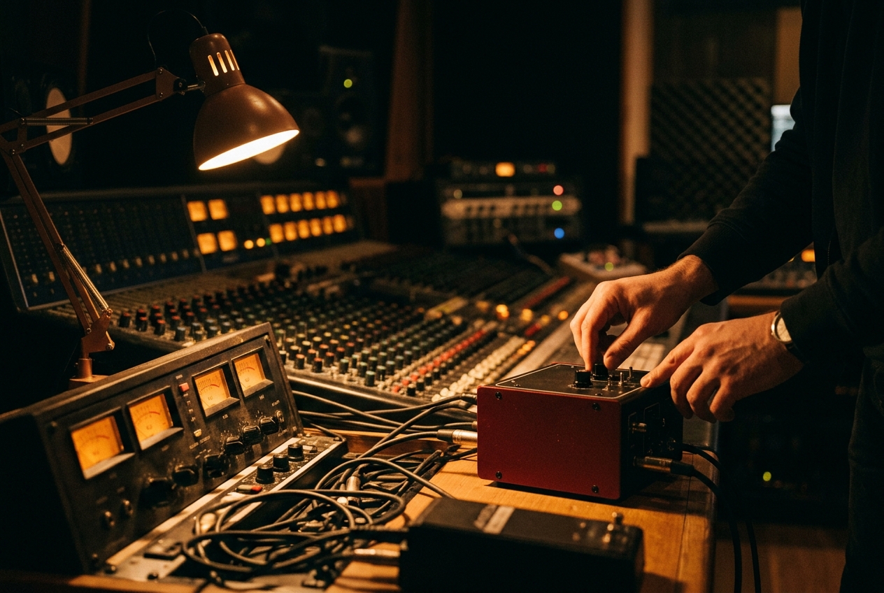 A recording engineer's hands on a red reamping box in a dim studio control room, lit by console meters