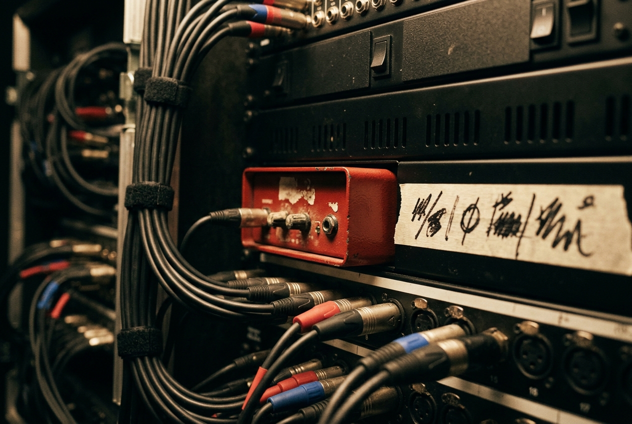 A close detail of a touring signal rack, a red direct box laced into black gear beside a hand-labeled patch