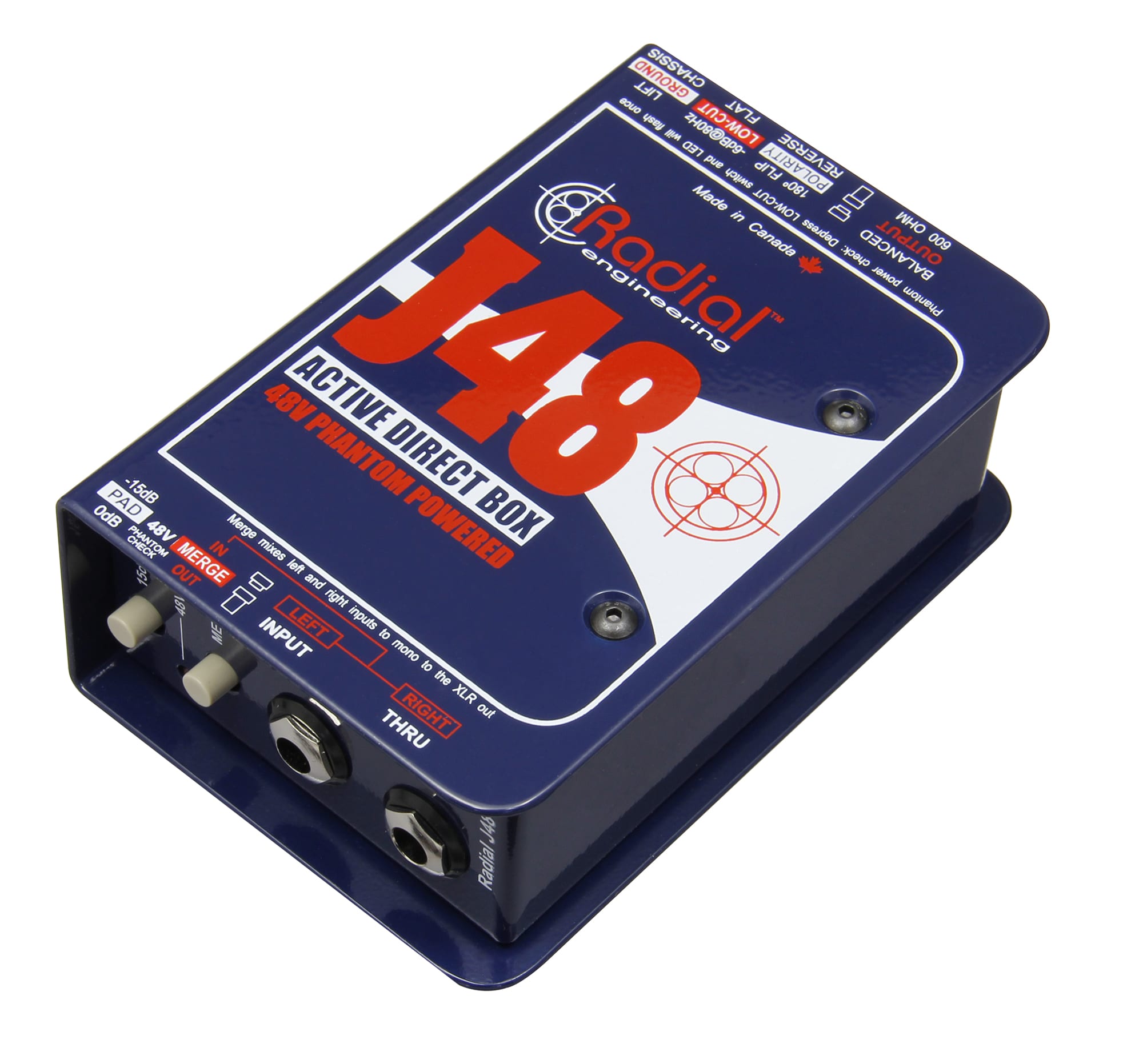 J48 active direct box, three-quarter angle on white